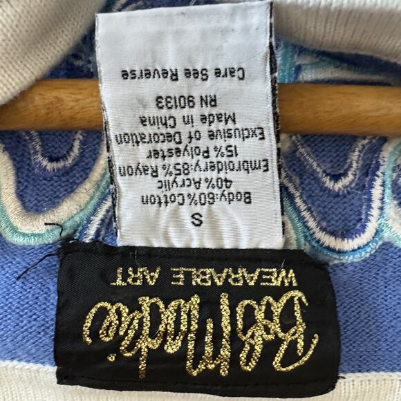 BOB MACKIE Wearable Art Blue Embroidered Cardigan Sweater Cutout Floral Granny S - Picture 15 of 16